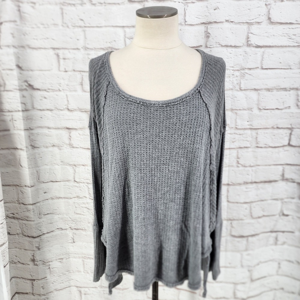 Free People Gray Thermal Tunic Top Boho Hippie Cottage Grunge Oversized Medium